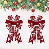 Estivaux 2 PCS Christmas Bows for Wreath, Christmas Wreath Bows Winter Holiday Snowflake Bows Red Velvet Bows Xmas Trees Bows for Front Door Merry Christmas New Year Decorations Suppies