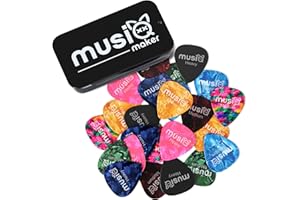 Guitar Picks by Musiq Maker | 24 Pack Guitar Picks Medium & Heavy - Variety Pack | 2 Tin Organizers | Acoustic Guitar Picks, Electric Guitar Picks, Electric Bass Picks | Celluloid Picks for Guitar.