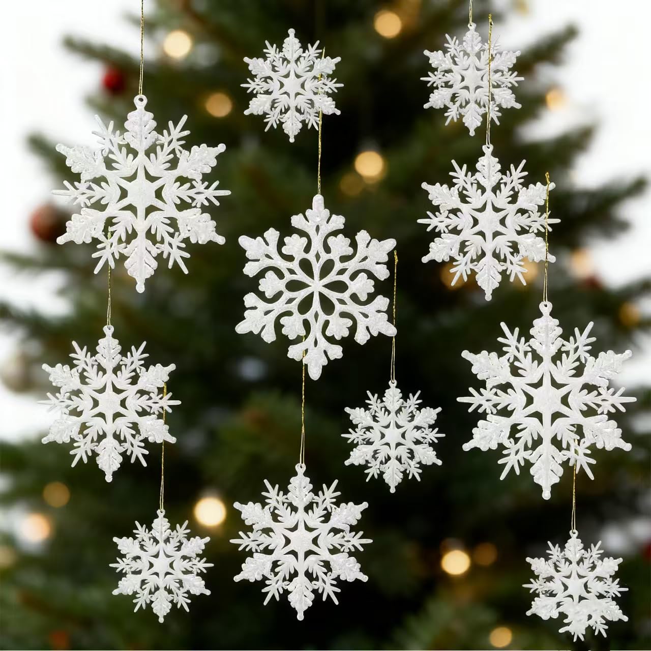Photo 1 of 36 Packs Christmas Ornaments, White Snowflake and Colorful Xmas Tree Decorations, Winter Wonderland Holiday Decor for Home, Adornos de Navidad.