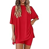 PRETTYGARDEN Women 2 Piece Lounge Set 2026 Summer Casual Oversized Shirts Biker Shorts Matching Airport Travel Outfit Clothes