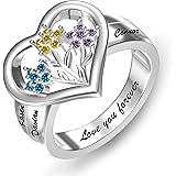 Kurafeel Sterling Silver Birthstone Rings for Women, Personalized Mothers Ring Custom Name Birthstone Rings Promise Rings wit