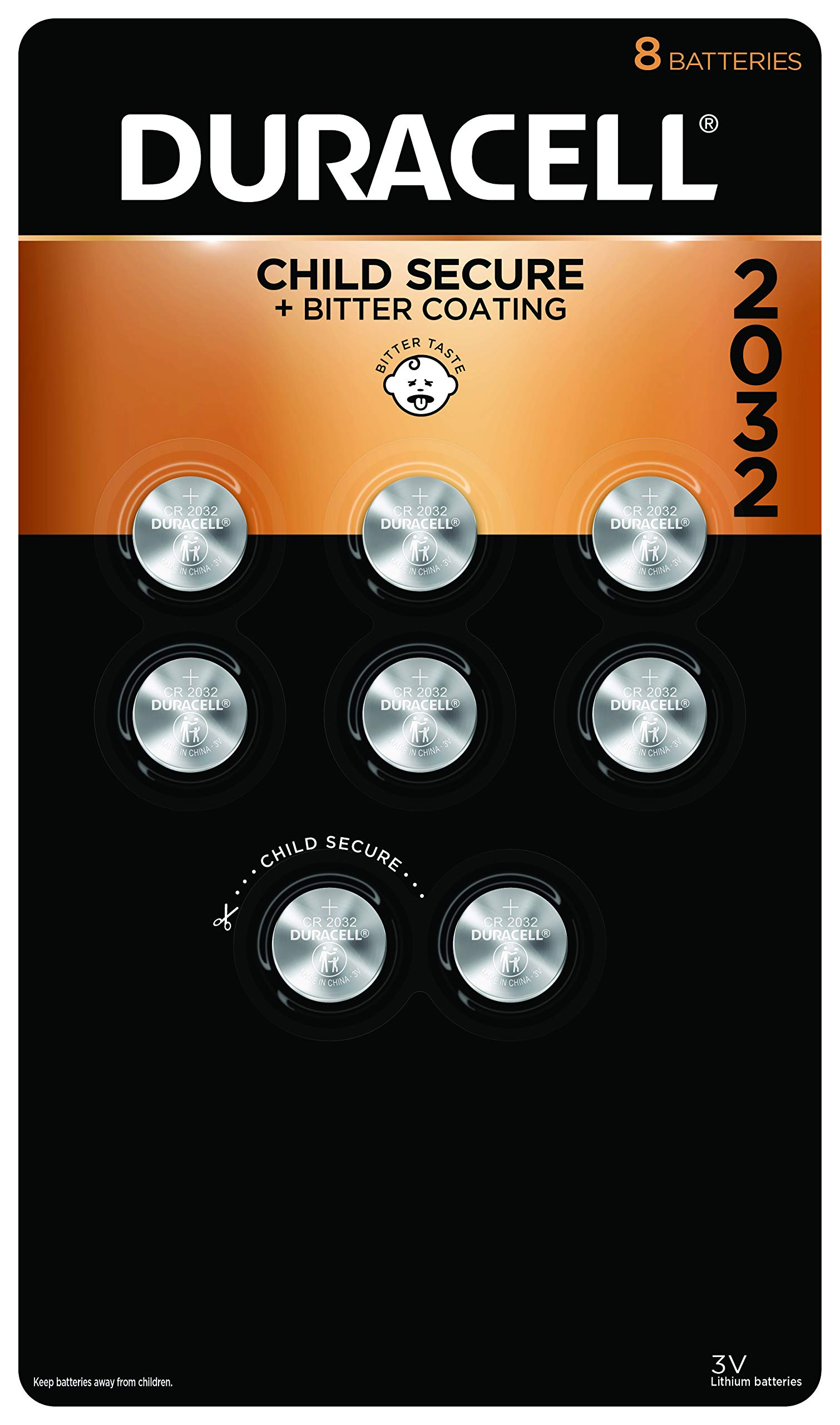 Duracell CR2032 Batería de litio de 3V, Características de seguridad infantil, paquete de 8 cuentas, batería de monedas de litio para llave de llave, control remoto del automóvil, monitor de glucosa, celda de 3 voltios de litio CR (embalaje antiguo)