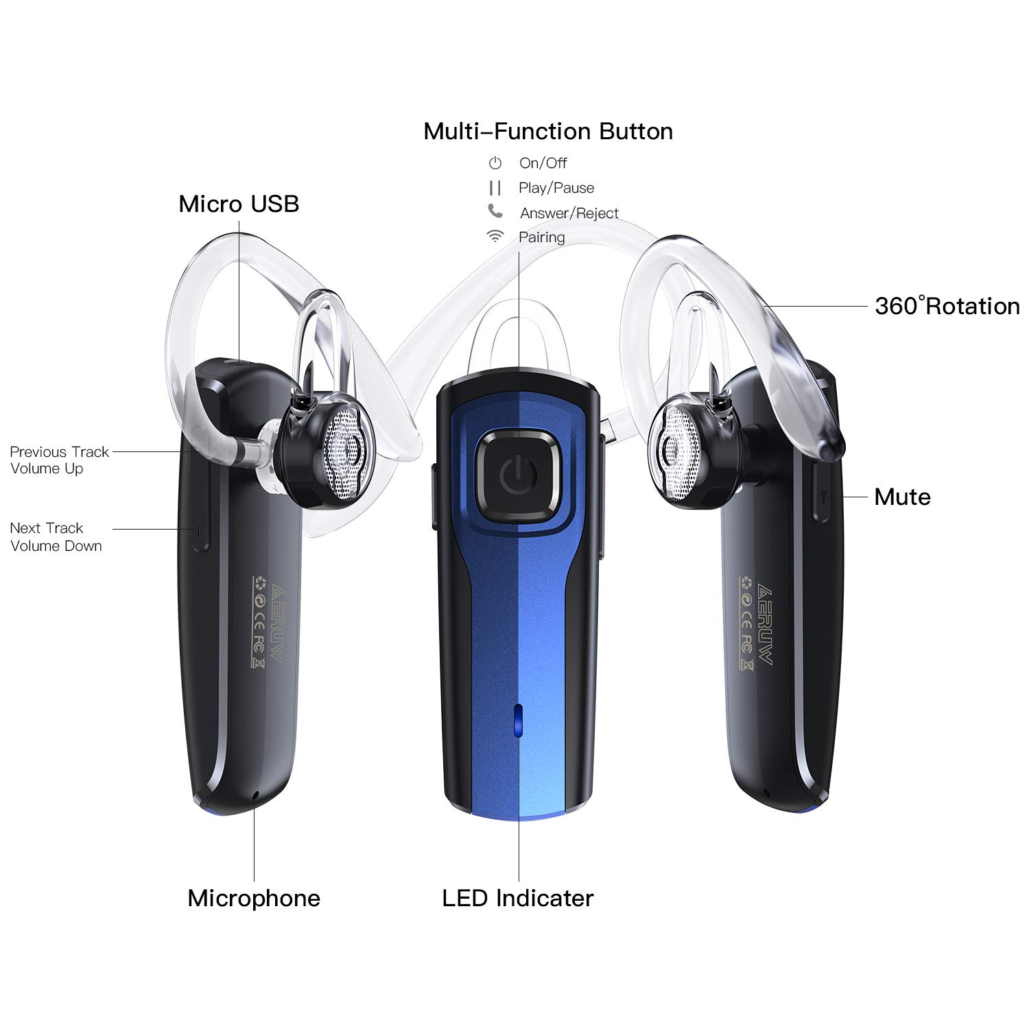 Bluetooth Headset,Hands Free Wireless Earpiece with Mic - Noise Reduction Bluetooth Earphone in-Ear Earbuds for Business/Office/Driving Support for iPhone