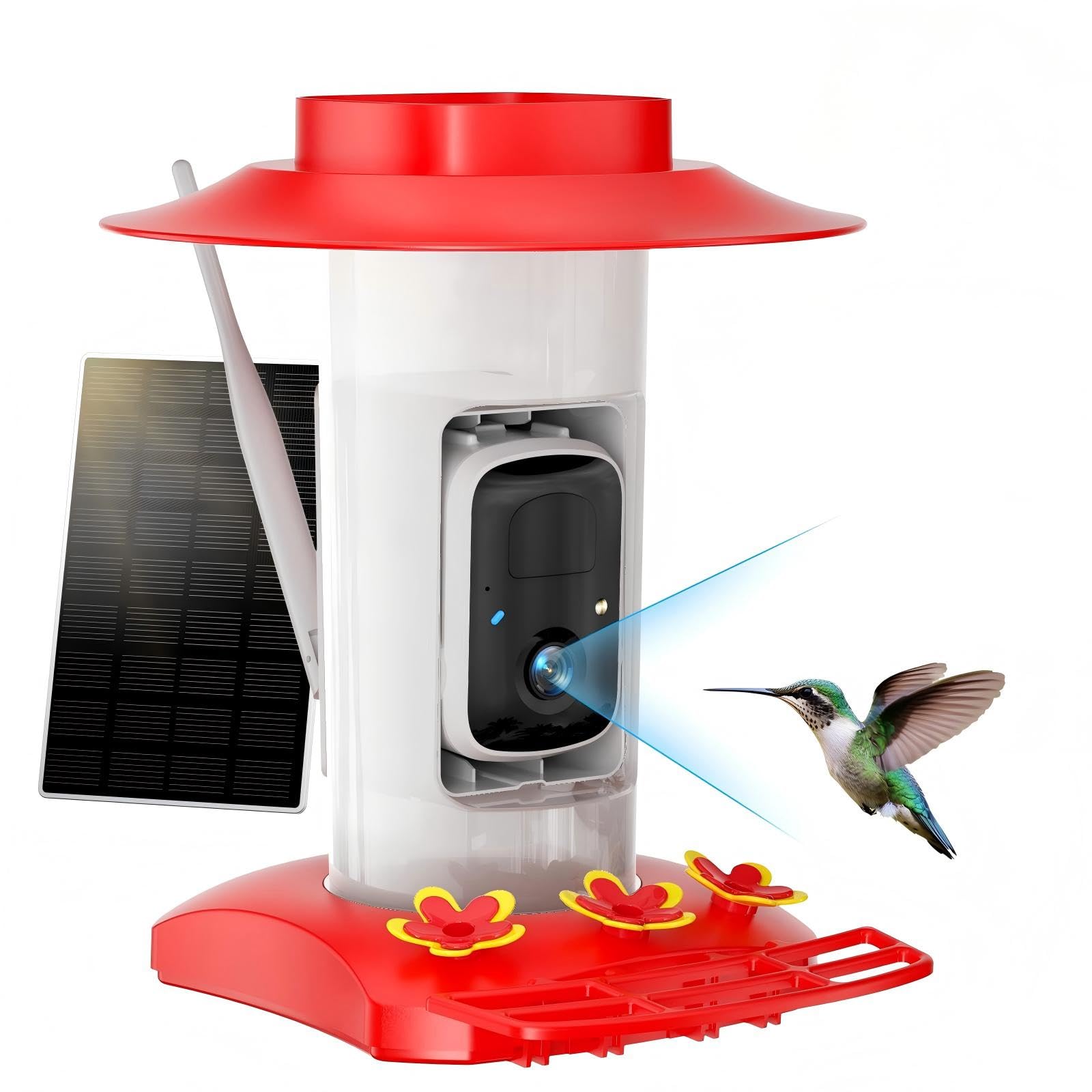 Photo 1 of Hummingbird Feeder with Camera for Outdoors, 2K Solar Powered Smart Bird Feeder with Ant Moat & Bee Guard, Auto Capture, AI Recognition, Gift for Family & Friends(21 oz) (Red)