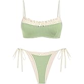 ZAFUL Bikini Sets for Women Plaid Ruffles Trim Swimsuit Sexy Tie Back Bowknot Triangle High Cut Tie Side Thong Bathing Suit