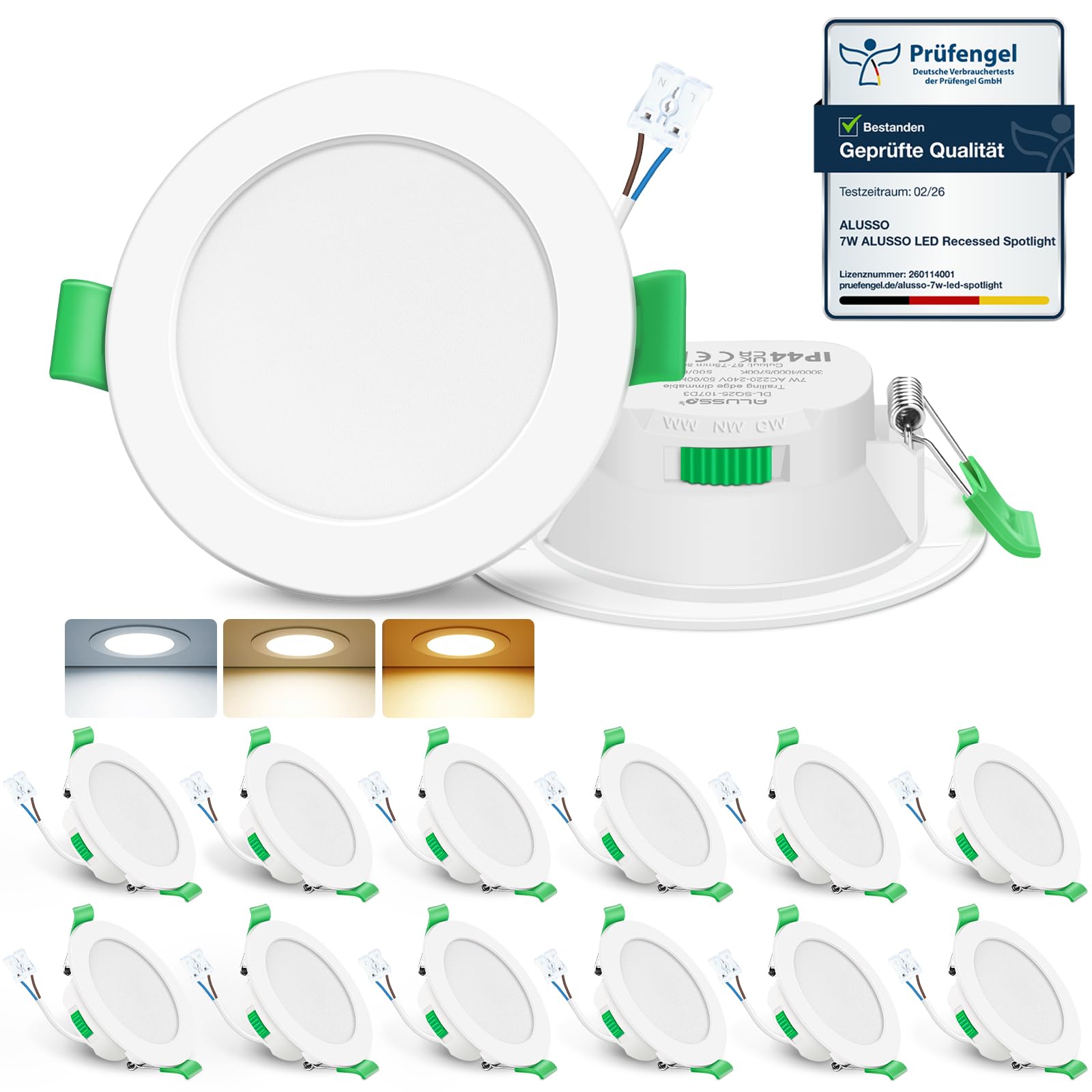 ALUSSO LIGHTING LED Recessed Ceiling Lights 7W Ultra Slim Dimmable Downlights IP44 Spotlights for Bathroom Kitchen, 3000K Warm White 4000K Neutral White 6500K Cool White Adjustable, Round White 12Pack