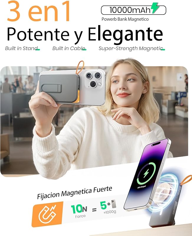 2026 Power Bank para Magsafe iPhone, Bateria Externa Carga Rapida 10000mah Magnetico Cargador Portatil for i-Phone con 22.5w USB-C Cable, Soporte Plegable Powerbank para iPhone Air 17 16 15 14 13 12