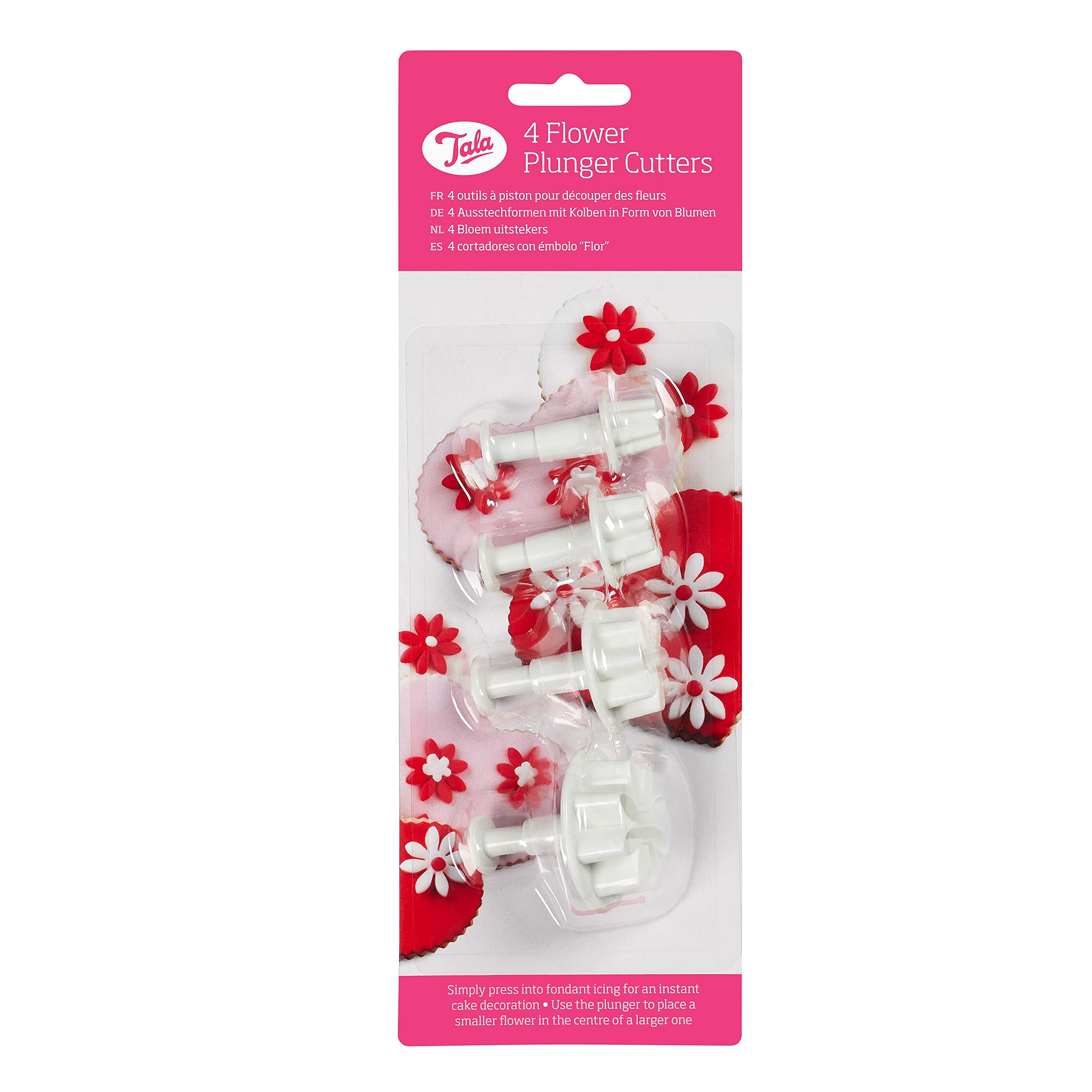 Tala Daisy Shaped Plunger Cutters, Set of 4 Spring Loaded Cutter Perfect for use with Fondant Icing and Marzipan and Will Create Professional Looking Shapes at Ease, BPA Free