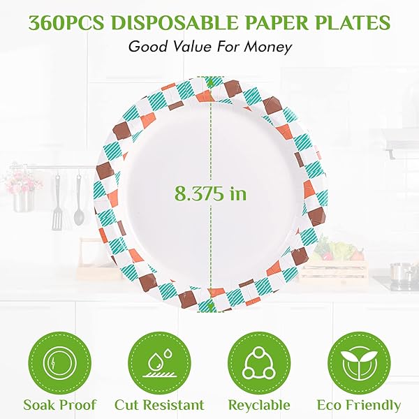 FOCUSLINE 360PACK DISPOSABLE PLATES – 8.375 INCH, SOAK-PROOF & CUT-PROOF BULK PAPER PLATES FOR PARTIES, PICNIC AND FAMILY GATHERINGS