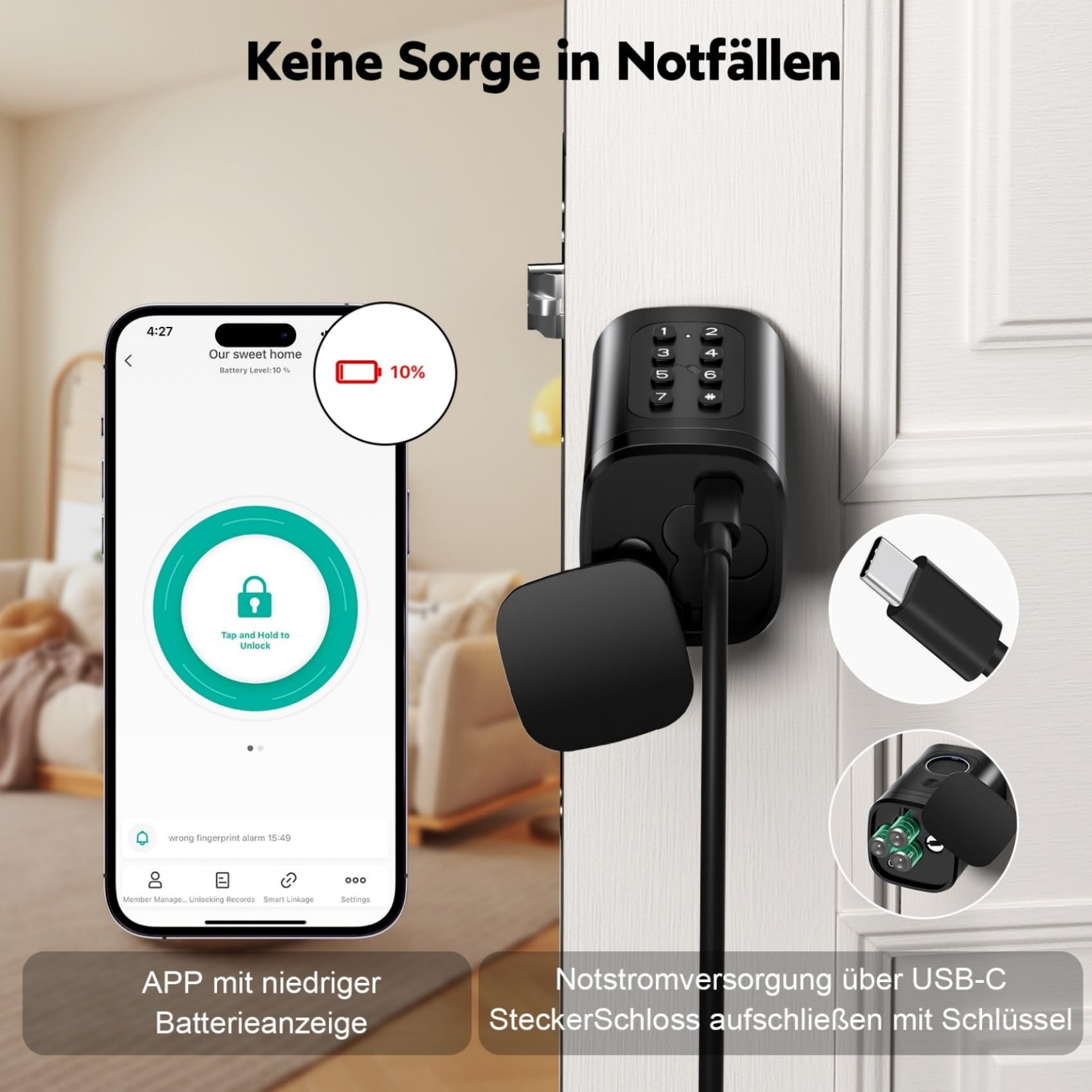 Türschloss Fingerabdruck Smart Lock, Schließzylinder 60-90mm(30/30,45/45), Elektronisches Fingerabdruck Türschloss Haustürschloss mit RFID, App, Bluetooth, Tasten Smart Türschloss mit Zahlencode 8