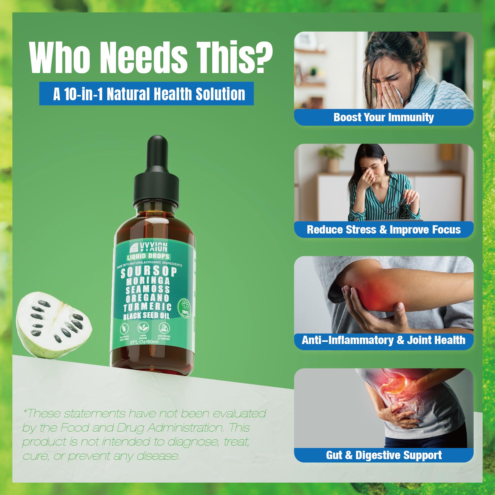 Soursop Bitters Liquid Drops 10 in 1 with Sea Moss, Moringa, Turmeric, Black Seed Oil, Oregano, Ashwagandha | Herbal Extracts for Overall Health-Enhancing | Vegan, Non-GMO | 2 Fl Oz