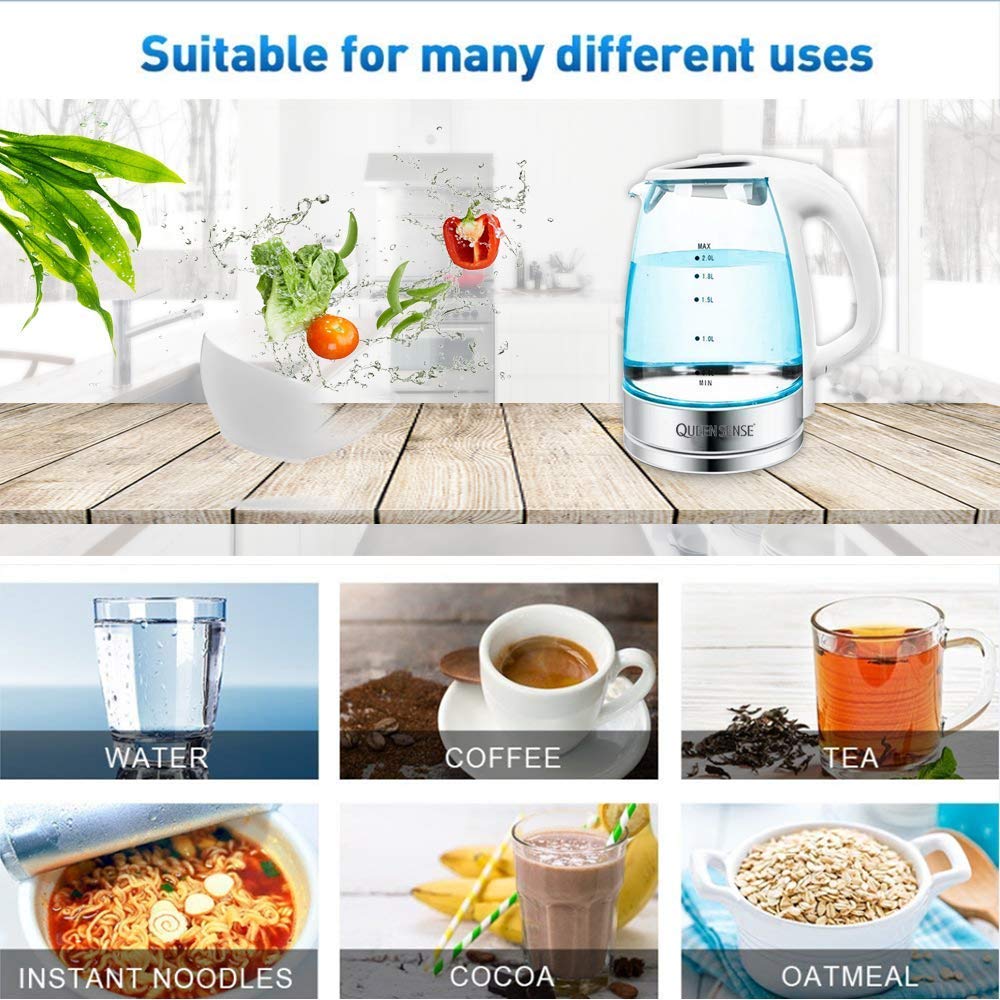 Queensense Hervidores de agua electrico Cristal 2.0L iluminación LED Apagado automático Hierve rápido contra la ebullición seca