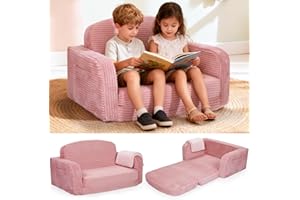 Foryoomi Extra Wide 2 in 1 Convertible Toddler Kids Couch - Corduroy Fold Out Kids Sofa Chair with Blanket, Comfy Comfortable Toddler Chair, Machine-Washable Cover, for Boys Girls, Pink
