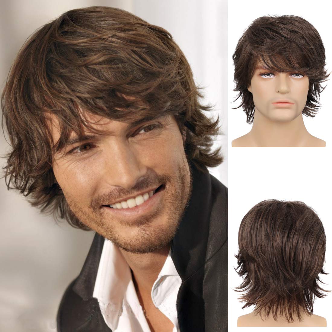 Mens Wig Brown Short Layered Natural Wave Synthetic Male Wigs with Bangs Halloween Cosplay Party Costume Daily