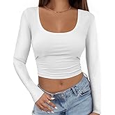 Buauty Women's Long Sleeve Square Neck Crop Tops, Ribbed Knit Slim Fitted Casual Basic Y2K Crop Top Tee Blouse Retro