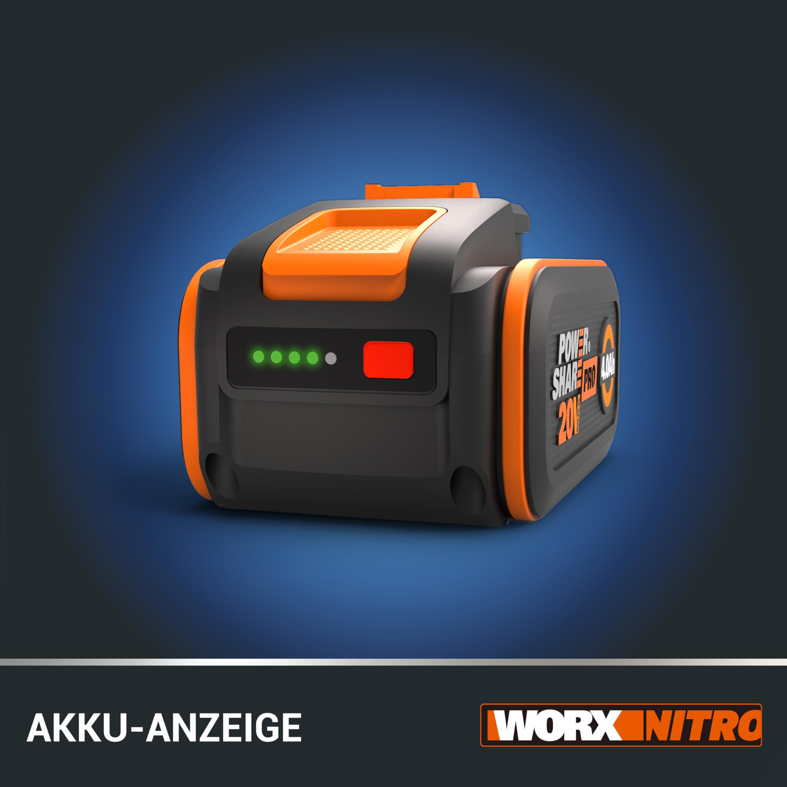 WORX WA3644 Original PowerShare Pro Akku 20V - 4,0 Ah Li-Ion, wiederaufladbar - mehr Sicherheit & längere Laufzeit - mit LED-Anzeige - Innovative Heatshield-Technologie - passend für alle WORX Geräte 3
