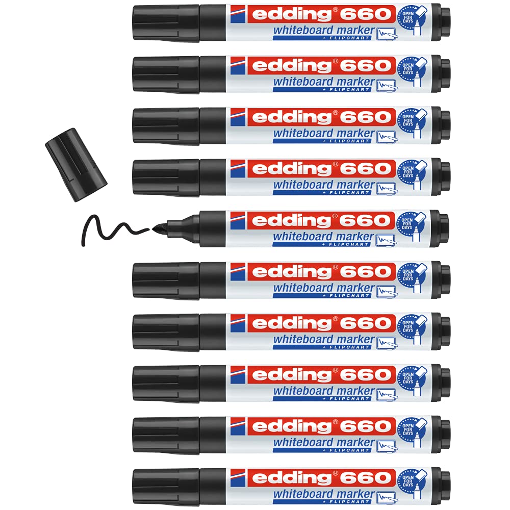 edding 660 whiteboard marker - black - 10 whiteboard pens - round tip 1.5-3 mm - whiteboard pen dry wipe - for whiteboards, flipcharts, pinboards, magnetic and memo boards - sketchnotes - refillable