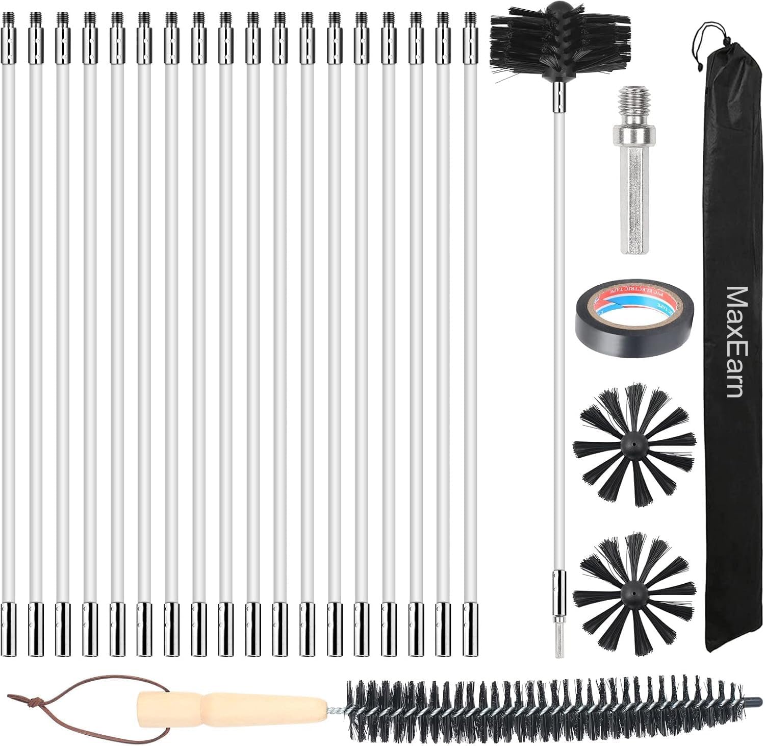 MaxEarn 24Pcs Chimney Cleaning Brush Kit with 18 Flexible Nylon Rods+ 8" Brush Head + Wood Long Brush+ Storage Bag, Duct Vent Cleaning Set, Sweep Brush Tool for Flue/Fireplace/Sewage Pipe/Fume Hood