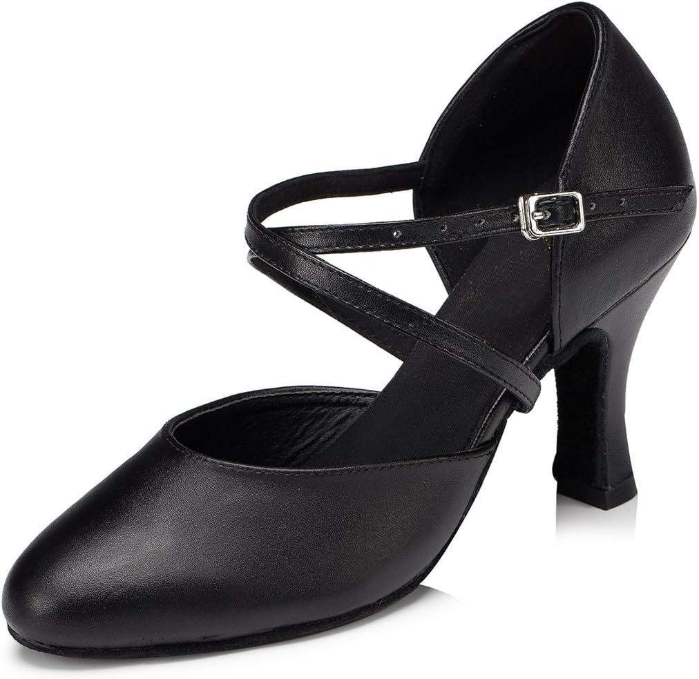 MINITOO Women's Cross Strap Leather Latin Salsa Ballroom Dance Shoes