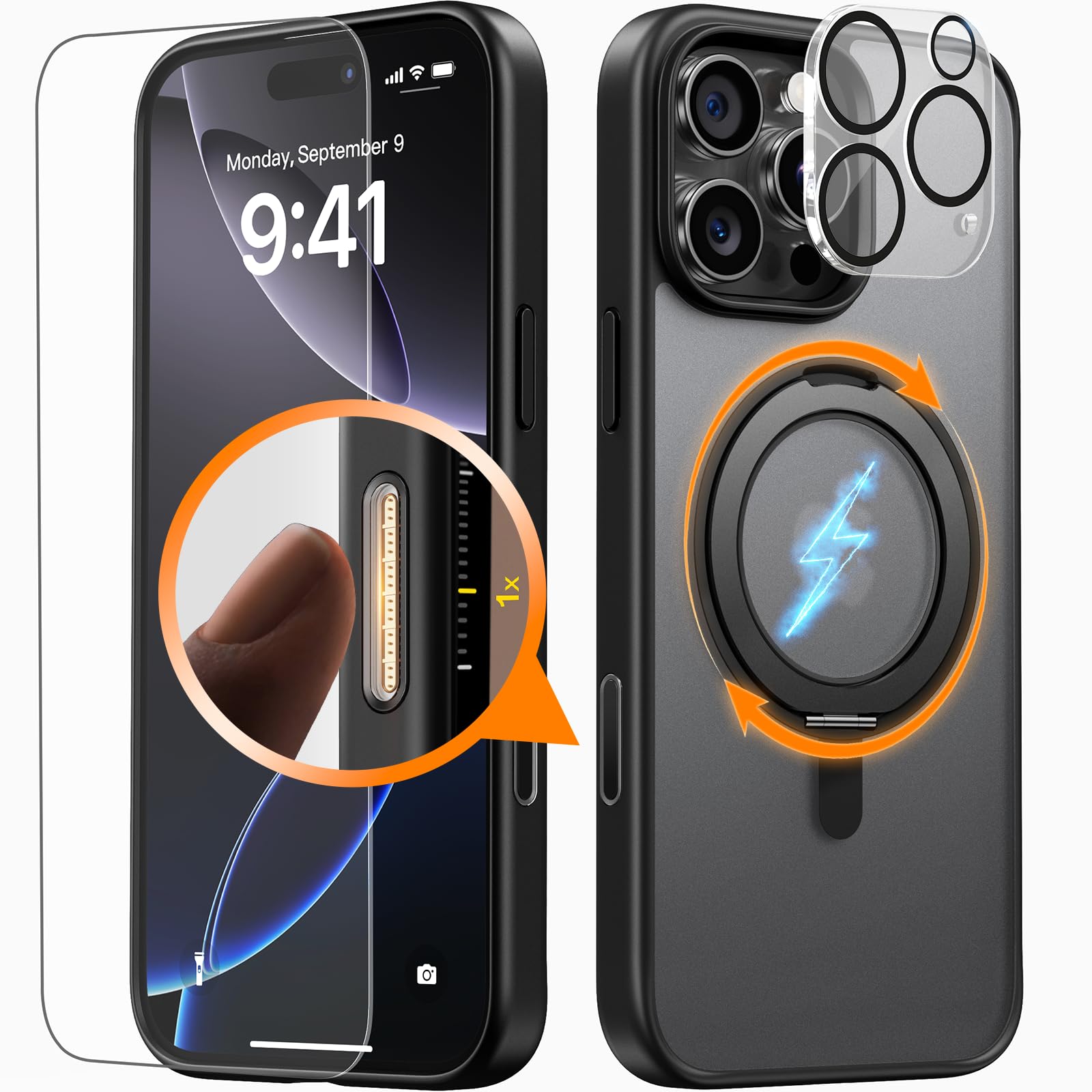 JUESHITUO 3 in 1 for iPhone 16 Pro Case, [with Sensitive Camera Control Capture Button] 360° Rotatable Magnetic Ring Stand with [Rotary Damping Sound] Shockproof Cell Phone Cover 6.3", Black Titanium