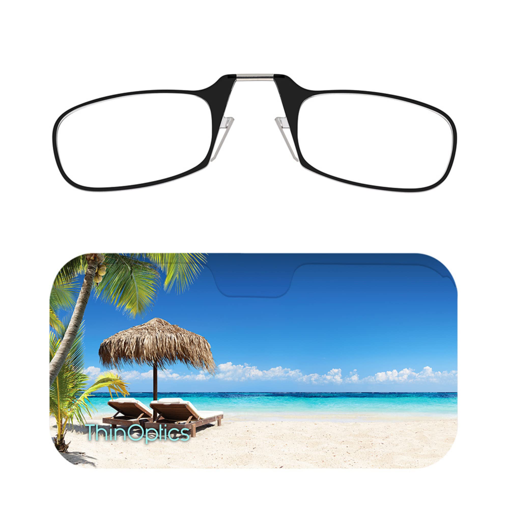 ThinOptics Reading Glasses 1.50 Black Frames with Beach Universal Pod Compact Case - Ultra-light Foldable Rectangular Glasses - Clip-on Nose - 1.50 Strength with Flex-Fit Technology