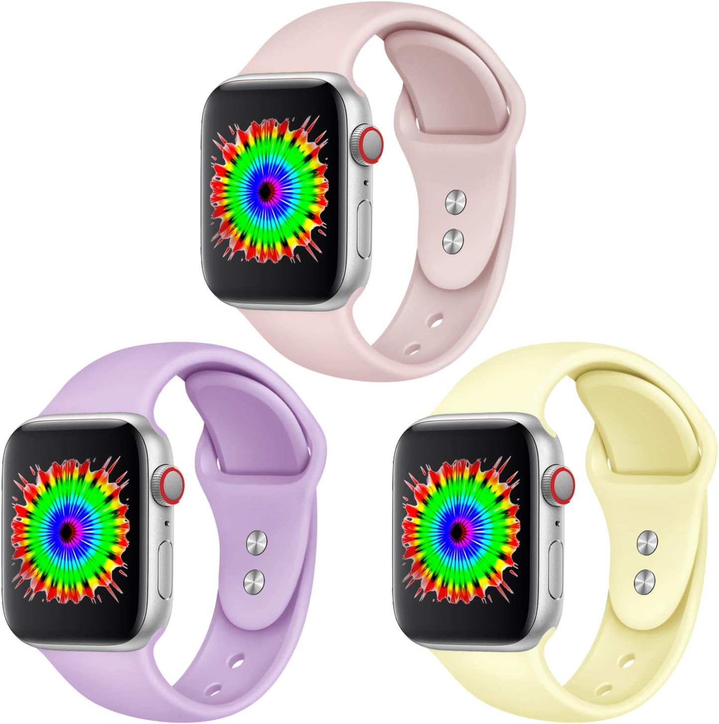 DGege Compatible for Apple Watch Band 38mm 40mm, S/M, Soft Silicone Band Compatible for iWatch Series 5/4/3/2/1, Pink Sand, Lavender, Mellow Yellow