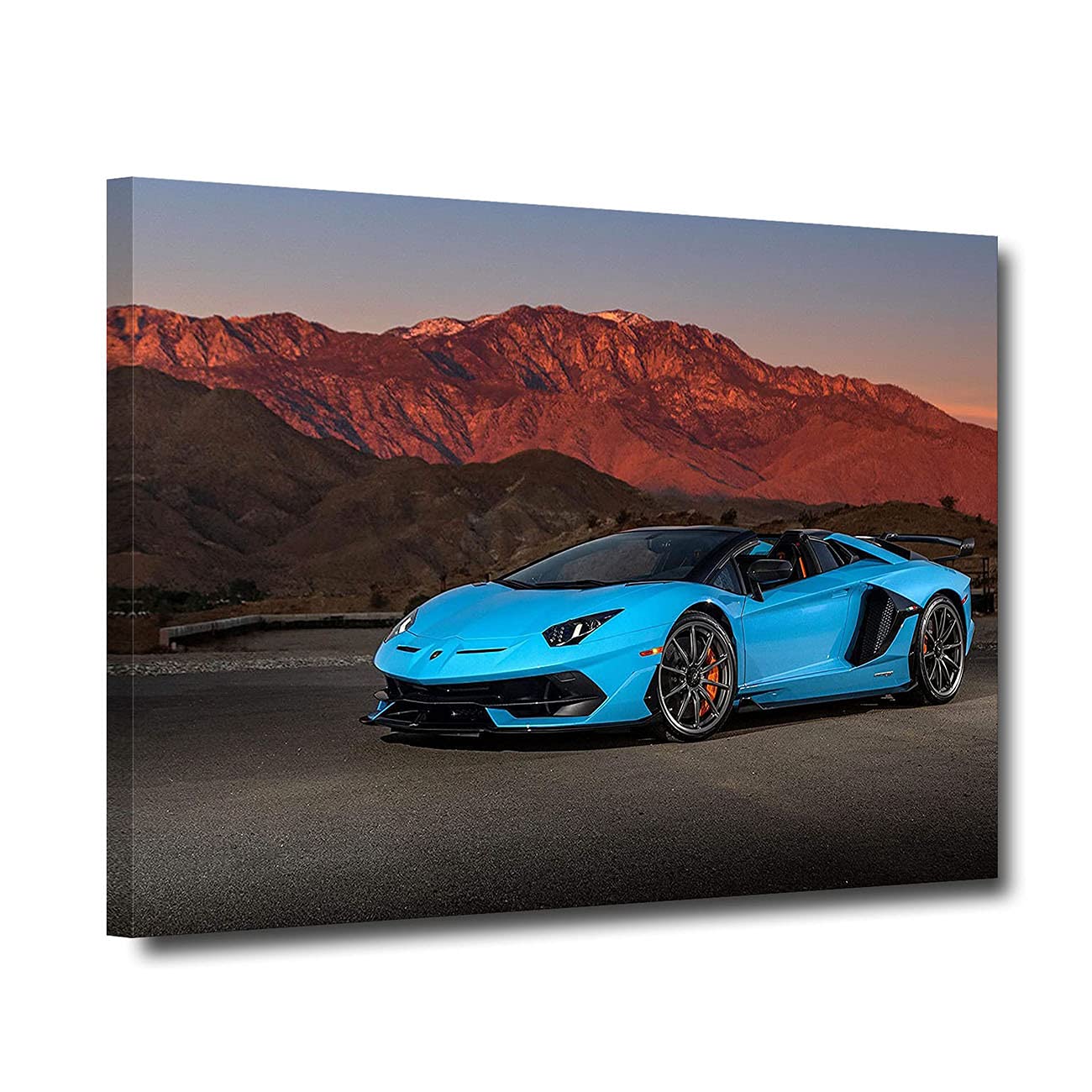 ZHONGYUTONG Lamborghini Aventador SVJ Canvas Poster Blue Speed Sports Car Wall Art Mountain Background Road Framed Art Prints Modern Home Decor Living Room Bedroom, Ready to Hang (Lambo-2, 12x18inch)