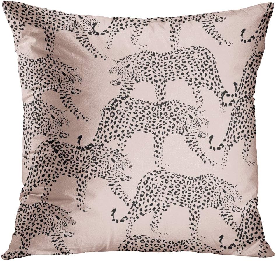 TOMKEYS Throw Pillow Cover Cat Composition of Silhouette with Spots Wild Animals Leopards in Trendy Black Color on Pink Pattern Decorative Pillow Case Home Decor Square 20x20 Inches Pillowcase