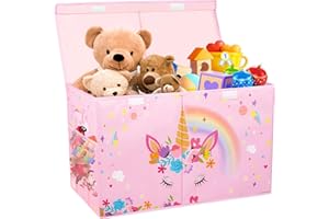 Mabahoo Large Toy Box, Collapsible Sturdy Kids Storage Organizer for Boys Girls, 25"x13"x16" Storage Box with Lids, Toy Chest Bins Basket for Living Room, Playroom, Nursery, Pink
