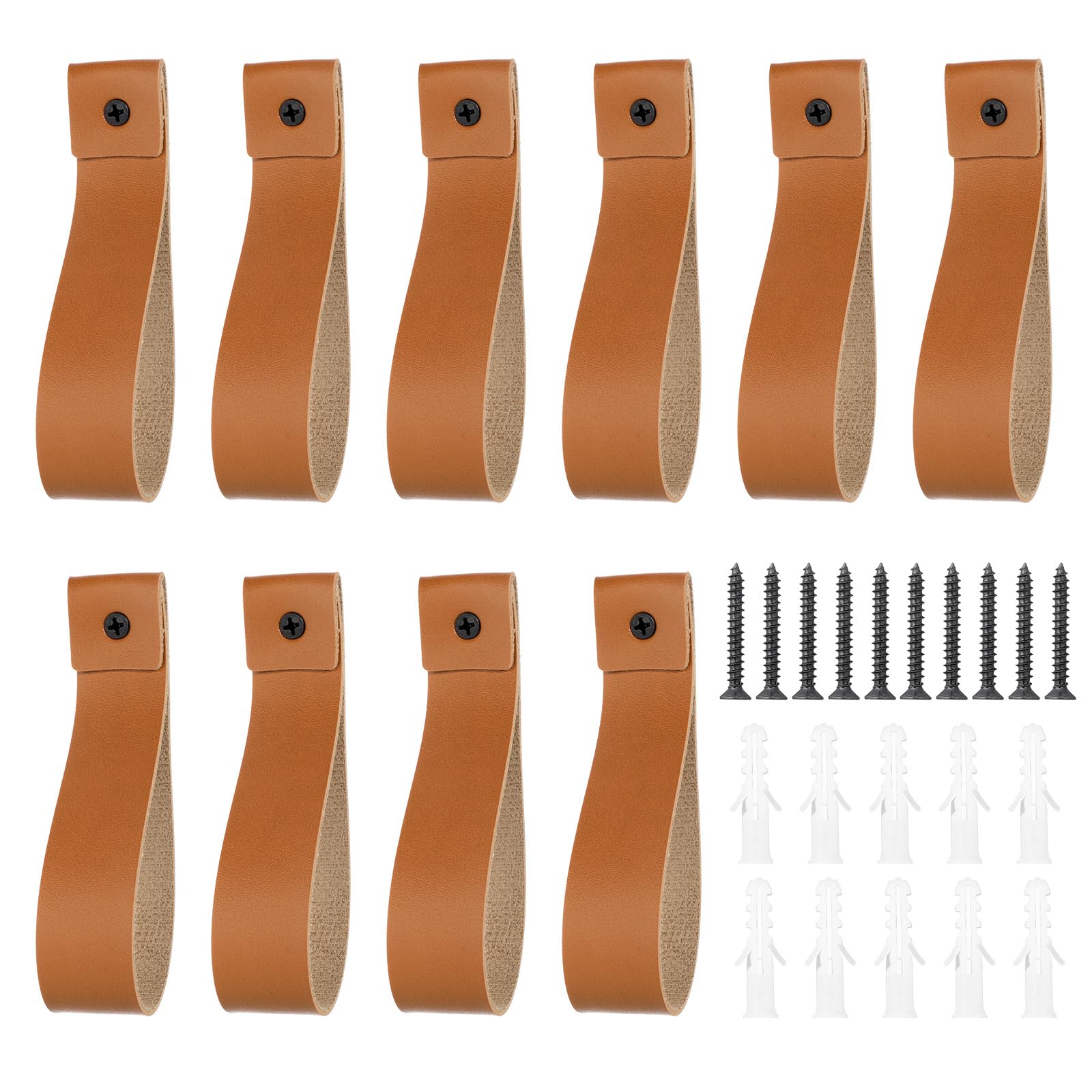 Photo 1 of 10 Pcs Leather Curtain Rod Holder, PU Leather Straps with Screws and Plastic Wall Hooks for Hanging Towel, Wall Mounted Loop, Universal Walls Hangings Strap Curtain Rod Brackets, 10inch (Orange Brown)