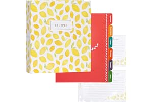 Jot & Mark 8.5" x 9.5" 3 Ring Recipe Binder with 50 Matching 4x6 inch Recipe Cards, 25 Top & Bottom Binder Sleeves Sheet Protector, 5 Full-Page Undivided Sleeves, 6 Sturdy Divider Tabs, Lemon Twist