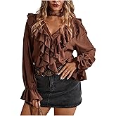 WDIRARA Women's Plus Size Layered Ruffle Button Down Shirts V Neck Flounce Long Sleeve Blouse Tops