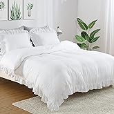 Ruffle Duvet Cover King Size, 3PCS Soft Washed Microfiber Vintage French Country Duvet Cover Set with Button Closure, White, 104x90 in