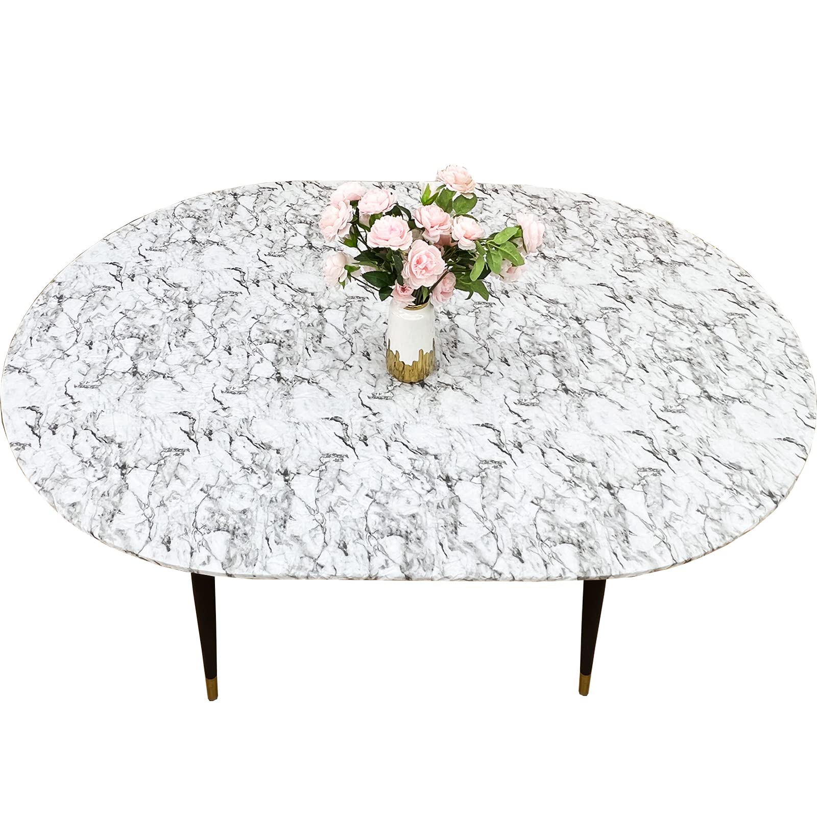 Photo 1 of LIBERECOO Oval Tablecloth Vinyl Fitted Elastic Edge with Flannel Backing - Fits 48 x 68 Inch Oval Table - White Marble Pattern - Waterproof Wipeable Table Cover