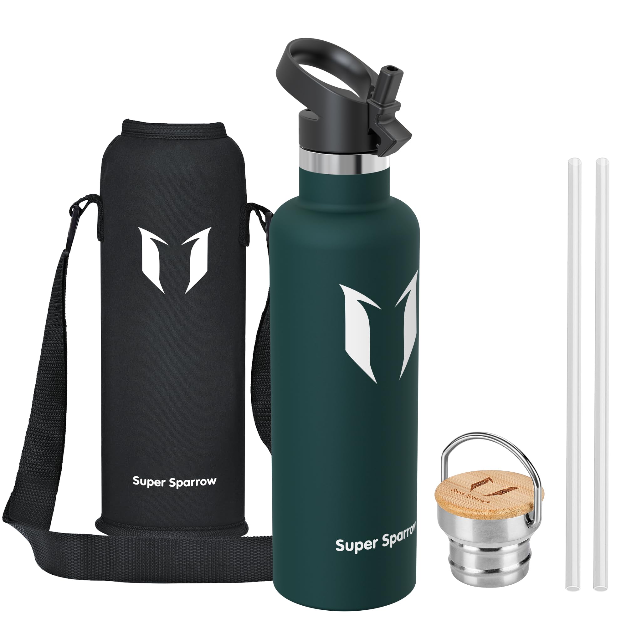 Super Sparrow Water Bottle Stainless Steel - 1000ml - Insulated Metal Water Bottles - Standard Mouth Flask - BPA Free - Straw Bottle for Work, Gym, Sports - 2 Lids