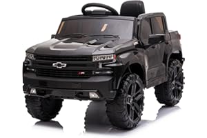 Kidzone 12V Battery Powered Licensed Chevrolet Silverado Trail Boss LT Kids Ride On Truck Car Electric Vehicle Jeep with Remote Control, MP3, LED Lights - Black