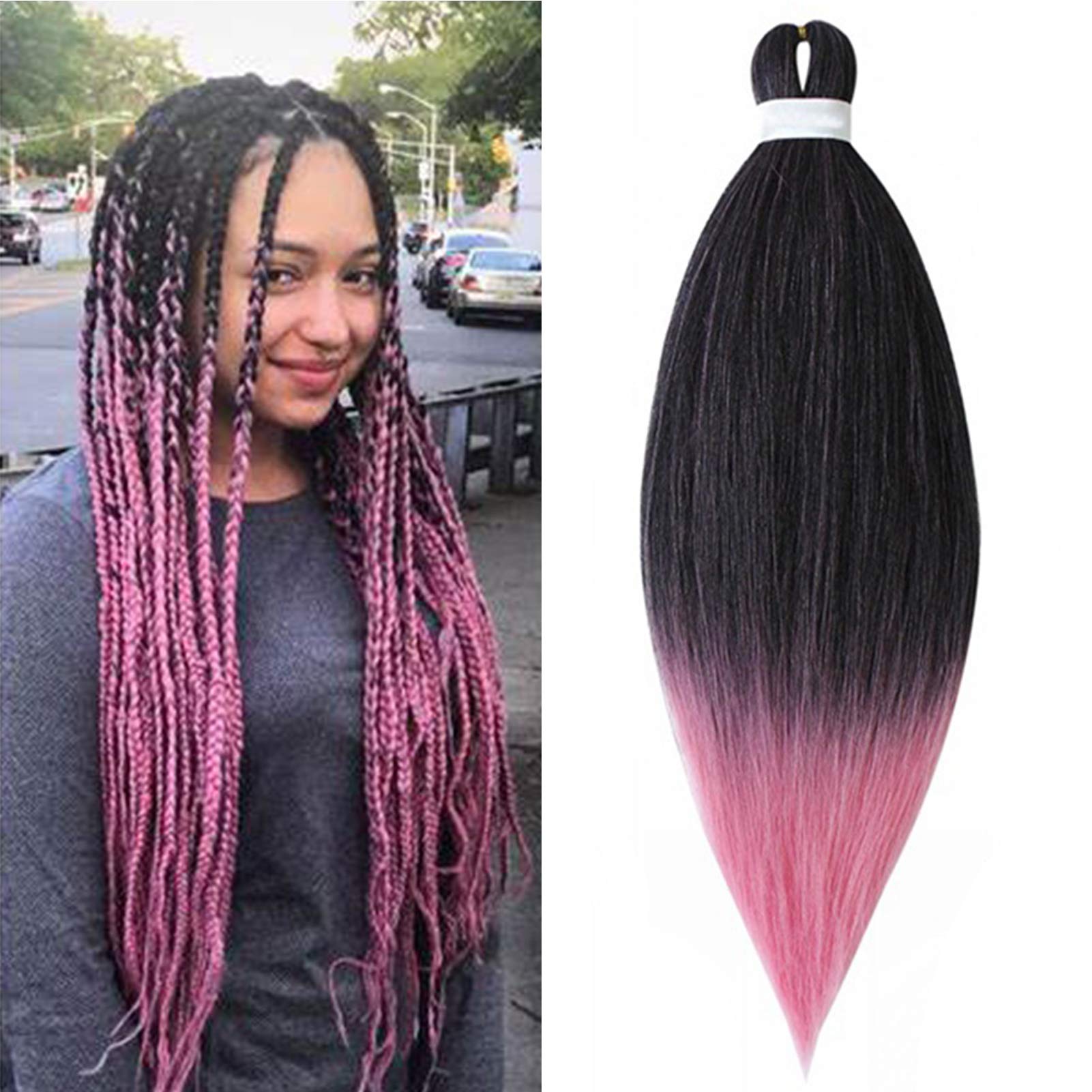 Pre stretched Braiding Hair Easy Braids 26inch 1pack Professional Hair Extensions Hot Water Setting Synthetic Fiber Crochet Twist Hair Yaki Texuture Itch Free Long Soft(Black&Pink)