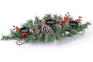 VERRON 31.5” Christmas Centerpiece with 3 Candle Holders, Artificial Table Decorations with Pine Cones/Red Berries/Steel Base, Christmas Decorations Indoor, Xmas Tabletop Decor for Festival Home Decoration