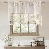 KMSG Boho Linen Curtain Valance for Kitchen Vintage Sheer Valance with Crochet Lace Trim Beige Rustic Farmhouse Cafe Curtains