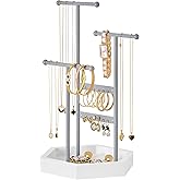 SONGMICS Jewelry Holder, Jewelry Organizer, 3 Tiers and 1 Tray, Jewelry Display Stand with Metal Frame, Necklace Earring Bracelet Holder, for Rings, Dove Gray and Cloud White UJJS003G01