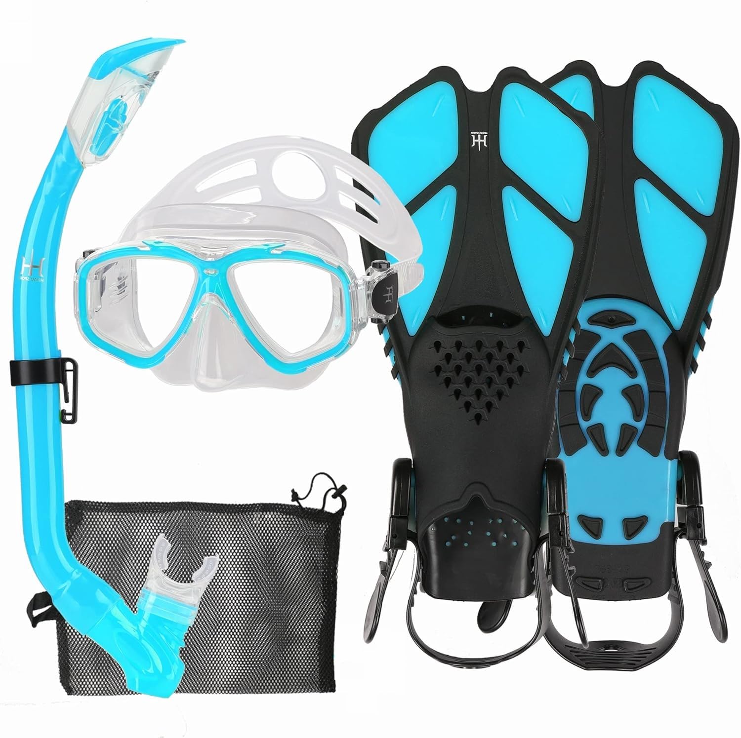 HH HHAO SPORT Children's Snorkel Set with Fins, 180° Panorama Wide View Diving Goggles, Adjustable Swimming Fins, Diving Mask and Dry Top Snorkel with Carry Bag