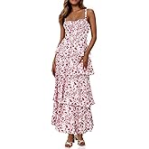 Wenrine Womens Summer Floral Maxi Dresses Sleeveless Spaghetti Strap Tie Back Ruffle Tiered Flowy Dresses