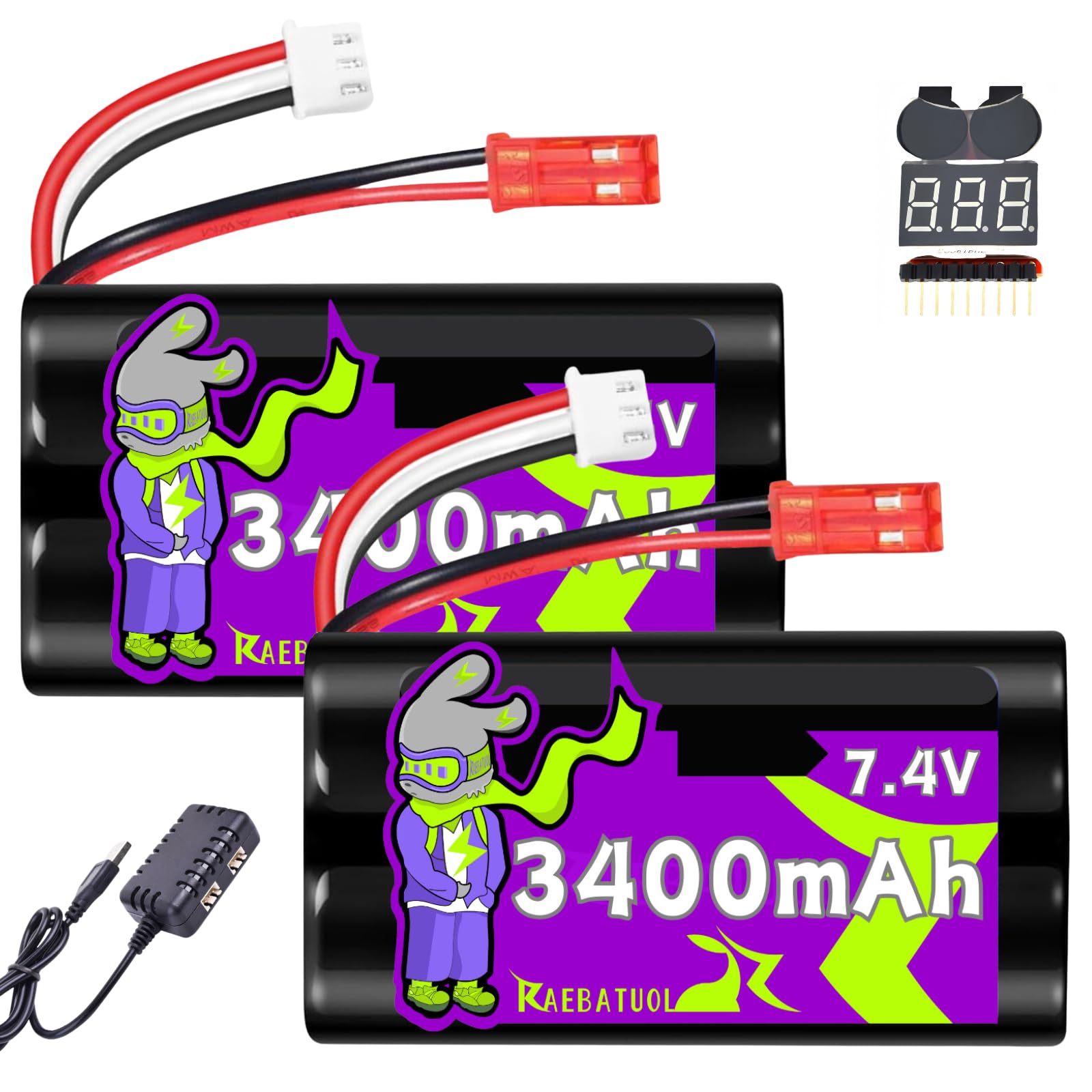 Photo 1 of 2 Pcs 7.4V 3400mAh JST Plug(red) Rechargeable Li-ion Batteries, Fit for Certain Remote Control Speed Truggy RC Boat Drone Airsoft Water Ball Blaster,with Low Voltage Alarm and 2 in 1 2S Charger
