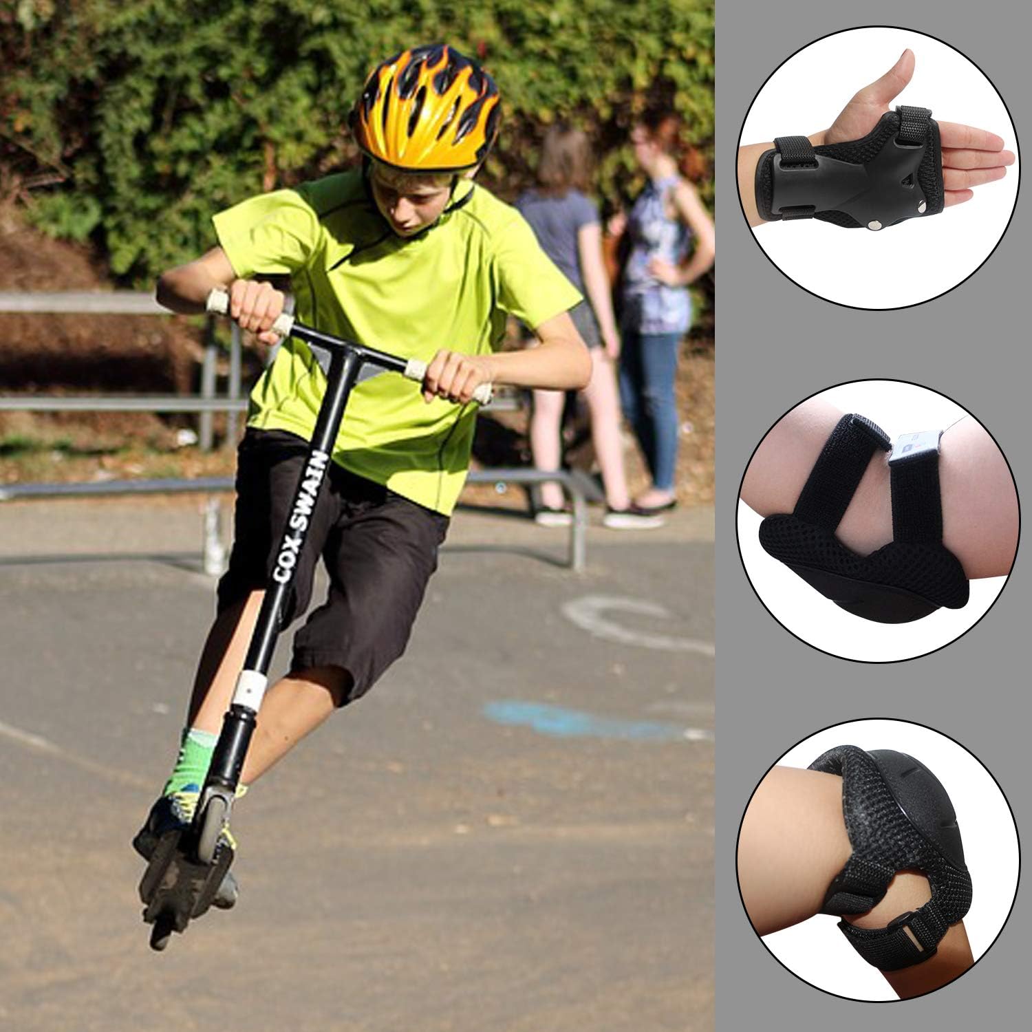 MiNiSports Kids Protective Gear 6 in 1 Set- Toddler Knee and Elbow Pads with Wrist Guards for Rollerblade Roller Skates Cycling BMX Bike Skateboard Inline Skatings Scooter Riding Sports - Black : Sports & Outdoors