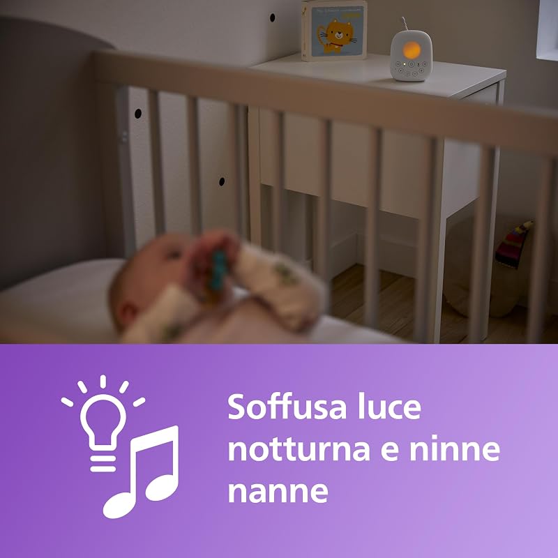 Philips Avent DECT Audio Baby Monitor luce notturna e ninne nanne, comunicazione bidirezionale, portata di 330 m, autonomia wireless fino a 18 ore, sensore di temperatura, audio nitido, SCD713/26