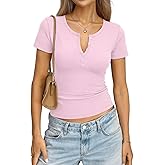 EasyGala Womens Cotton Short Sleeve Shirts V Neck Henley Tops Fitted Basic Going Out Tshirts Summer Fashion Outfits 2026