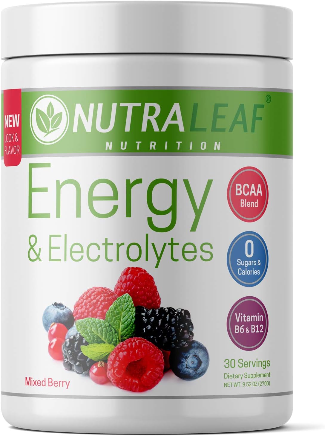 NutraLeaf Energy & Electrolytes Vegan Pre-Workout BCAA Powder Drink with Caffeine & Beta Alanine - Plant-Based, Keto-Friendly, All-Natural, Non-GMO, Gluten & Sugar Free - Mixed Berry (30 Servings)