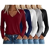 Huukeay 5 Pack Women's T-Shirts V Neck Long Sleeve Tops Casual Loose Fit Layering Shirts Flat Hem Basic Plain Work Tees