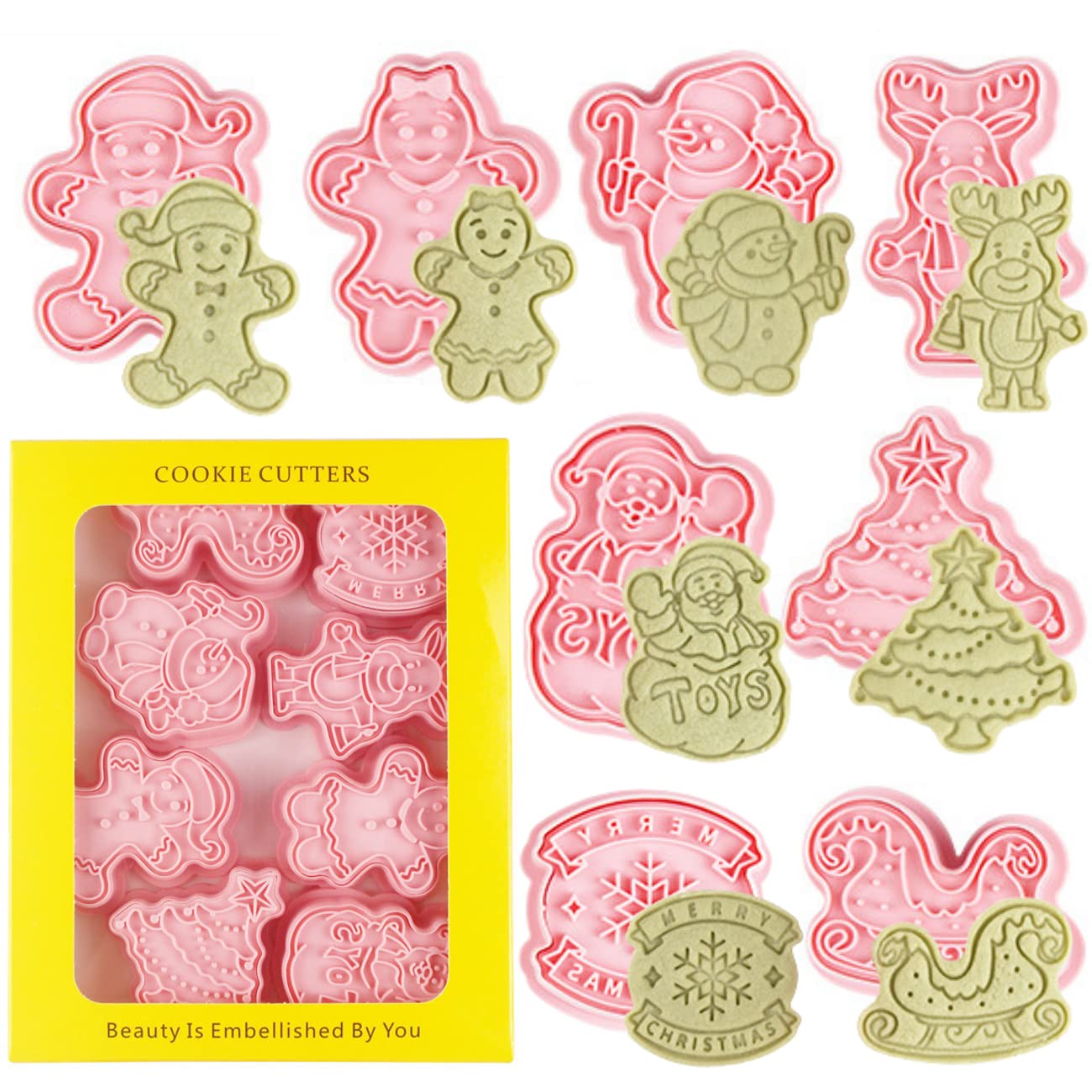 Christmas Cookie Cutter Set,8 Pieces 3D Plastic Stamp Molds Santa Claus Xmas Tree Gingerbread Boy and Girl Snowman Reindeer Cutter Biscuit Cutters for Christmas Baking