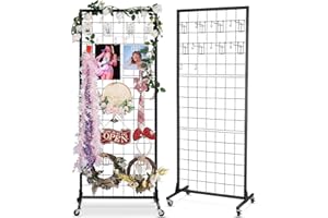 AHOWPD Gridwall Panel Display Stand Rack- Heavy-Duty Movable Wire Gridwall Display Racks with Wheels and Feet, Floorstanding and Wall Mount Double Side Display Stand (Black) (Black, 2 pcs)